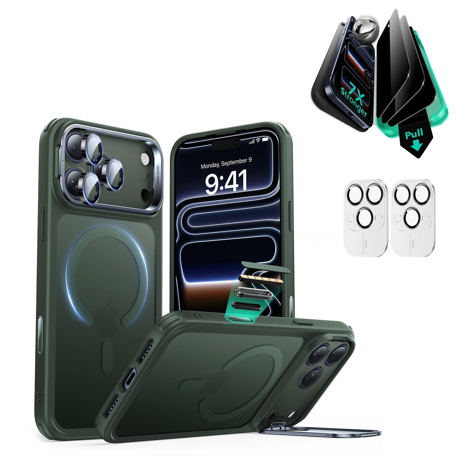 iPhone 17 Pro Max Classic Hybrid Magsafe Case with Stand and Privacy Screen Protector Bundle Frosted Green