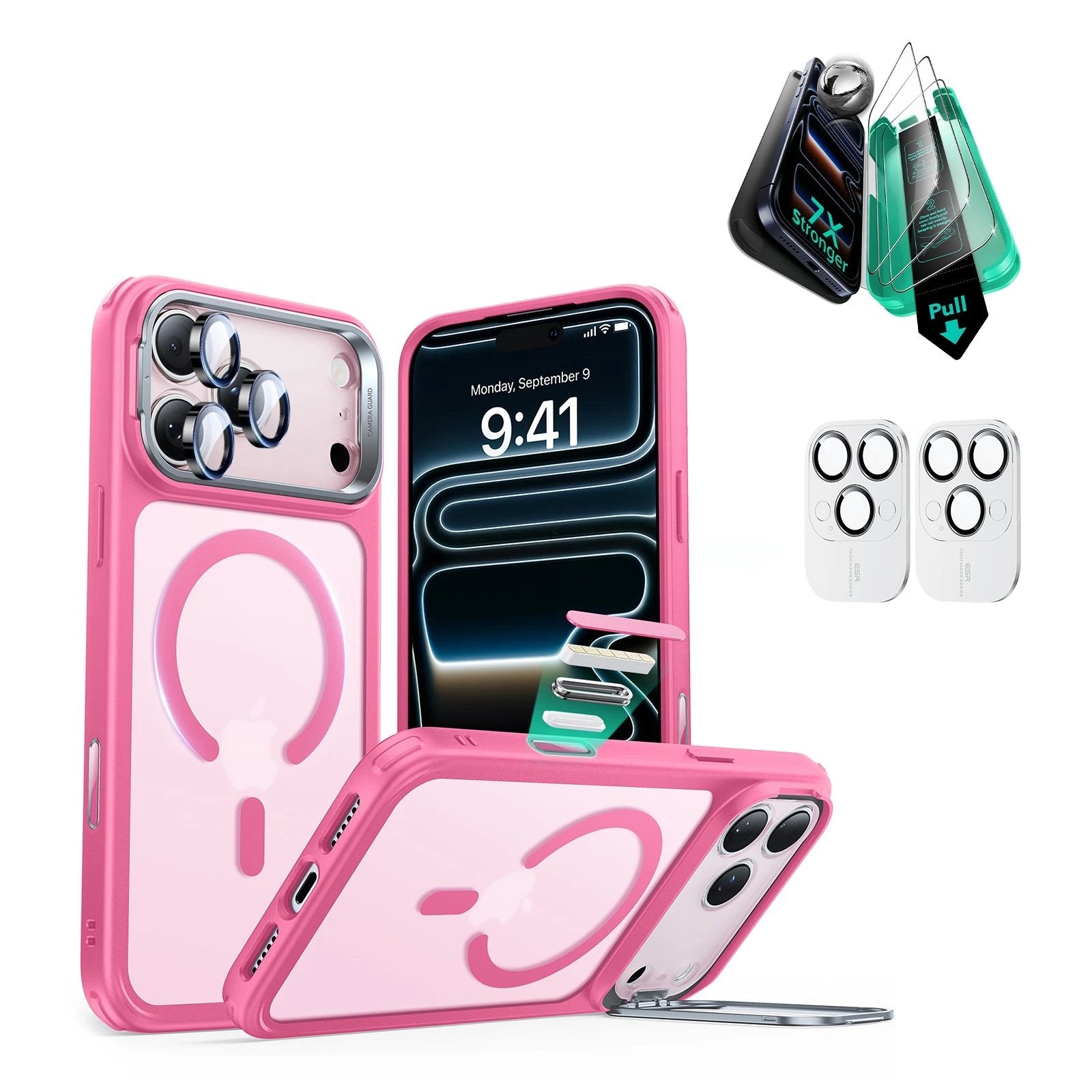 iPhone 17 Pro Max Classic Hybrid Magsafe Case Stand and Screen Protector Pink