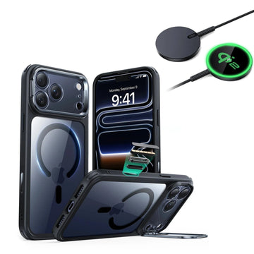 iPhone 17 Pro Max Classic Hybrid Magsafe Case With Stand and Qi2 Wireless Charger Clear Black