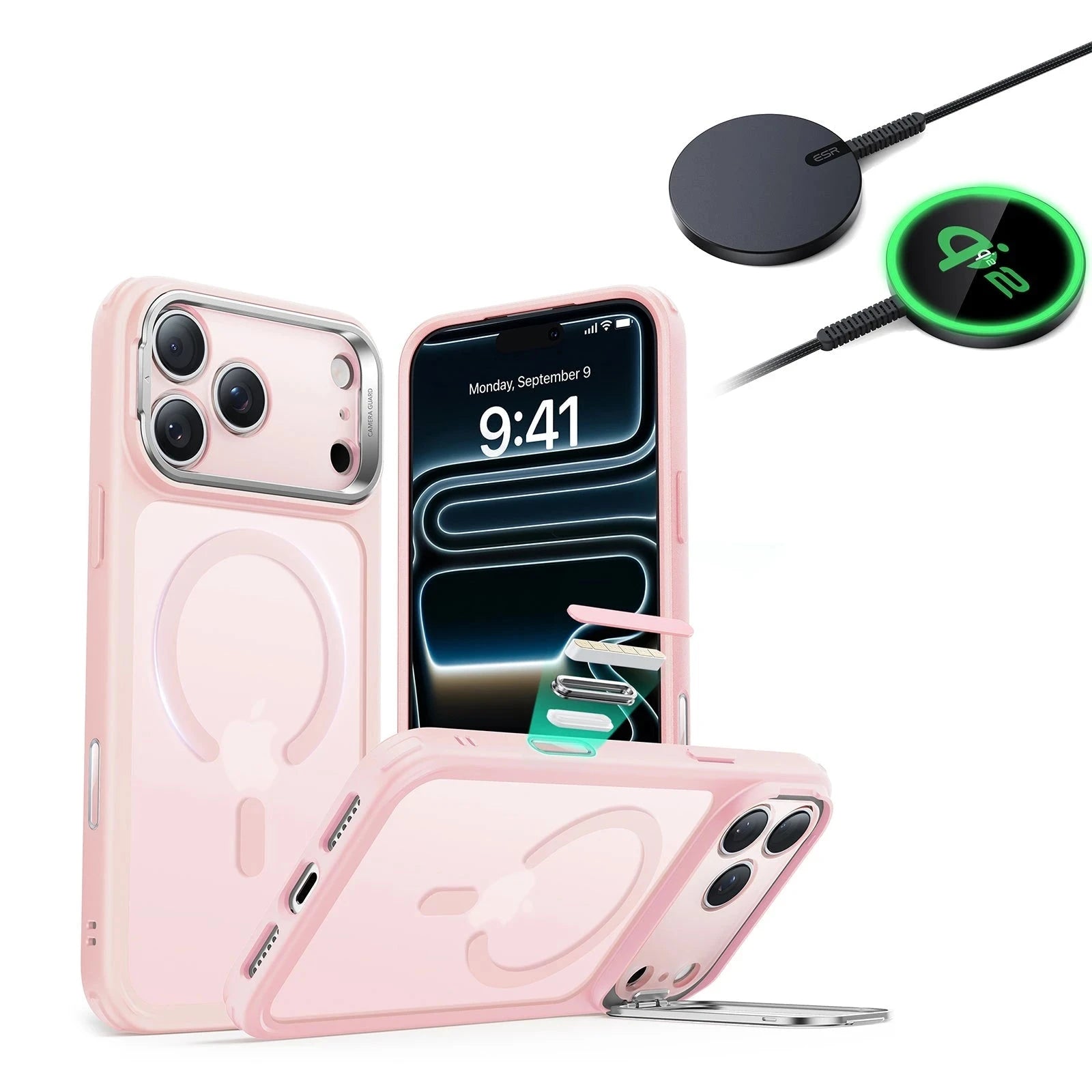 iPhone 17 Pro Max Classic Hybrid Magsafe Case With Stand and Qi2 Wireless Charger Frosted Bubblegum Pink