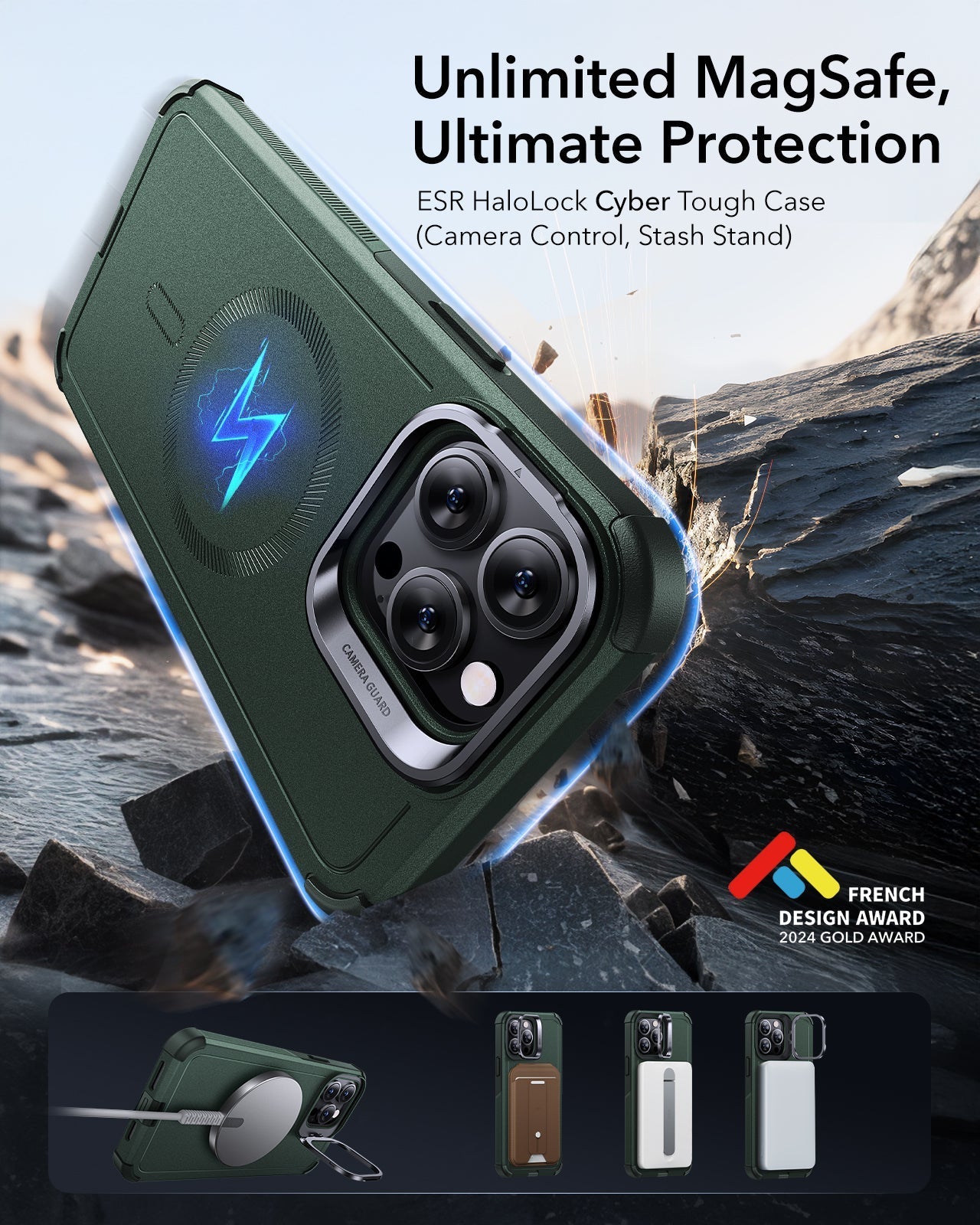 iPhone 14 Pro Cyber Tough Magnetic Case (Stash Stand) - Green ESR ESR