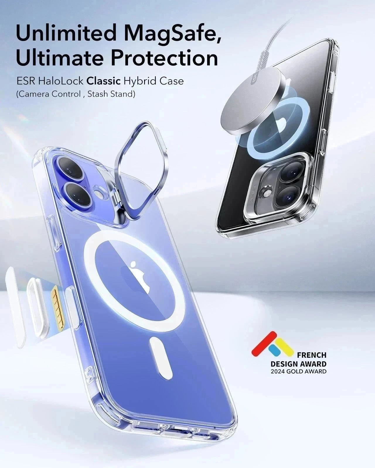 iPhone 16 Classic Hybrid Magnetic Case (Camera Control, Stash Stand) & Privacy Screen Protector Bundle - Clear ESR ESR
