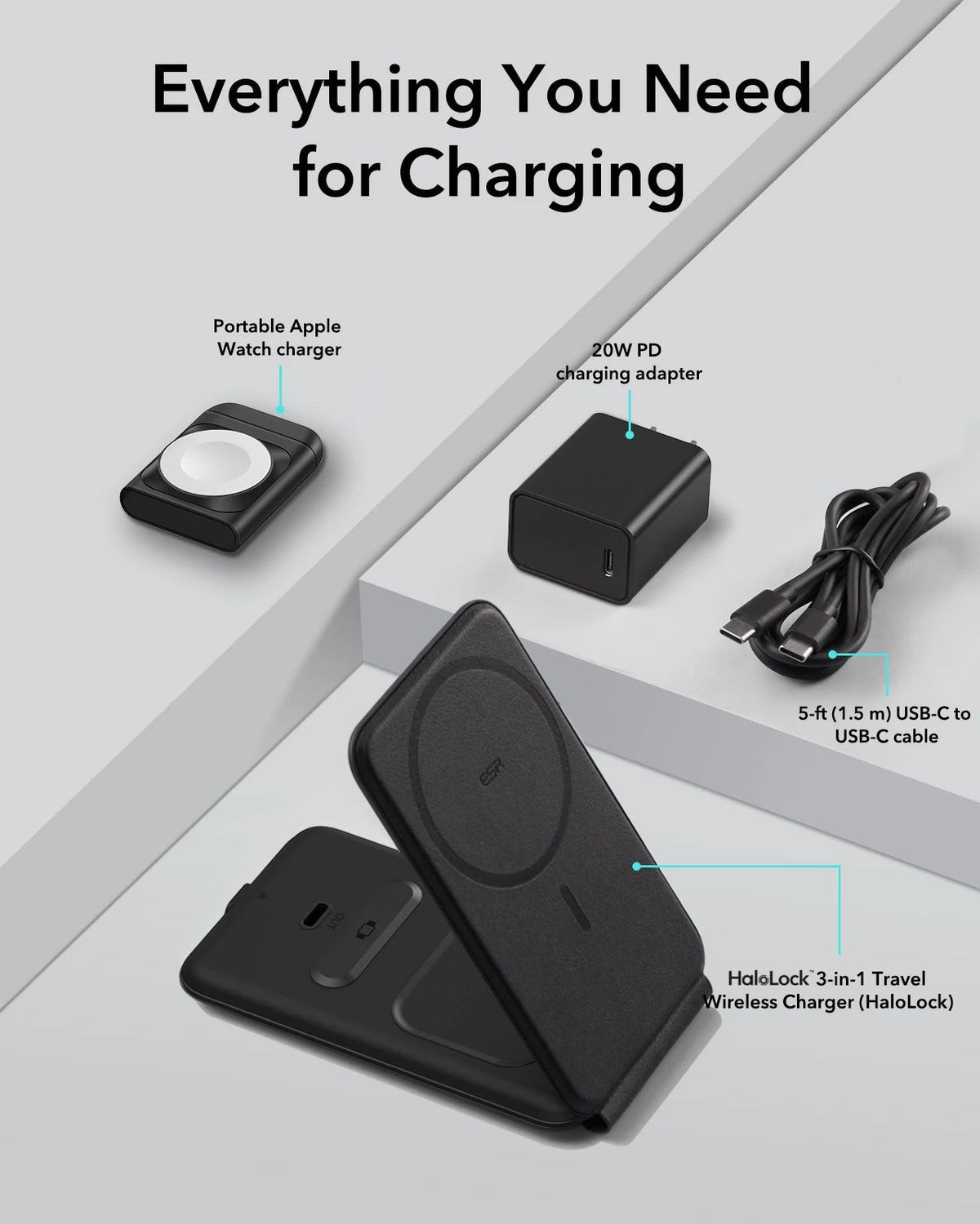 15W 3-in-1 Travel Wireless Charging Set - Black - UK Plug ESR ESR