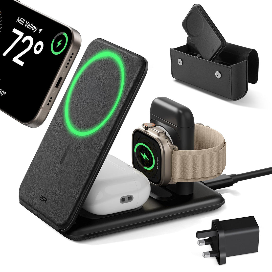 15W 3-in-1 Travel Wireless Charging Set (Bag Included) - Black - UK Plug ESR ESR