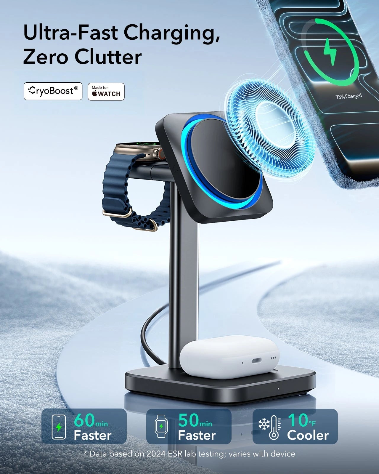 15W 3-in-1 Wireless Charging Station with CryoBoost (HaloLock) - Black - JP Plug ESR ESR