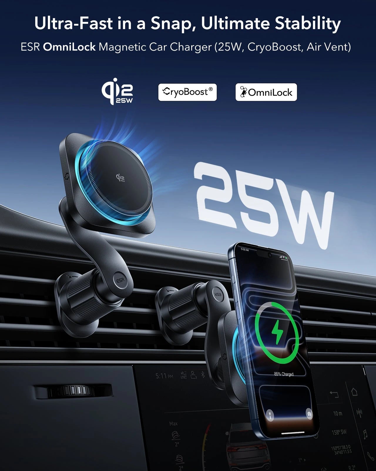 15W 3-in-1 Wireless Charging Station with CryoBoost (HaloLock) & Car Charger (Air Vent)  Bundle - Black - US Plug ESR ESR