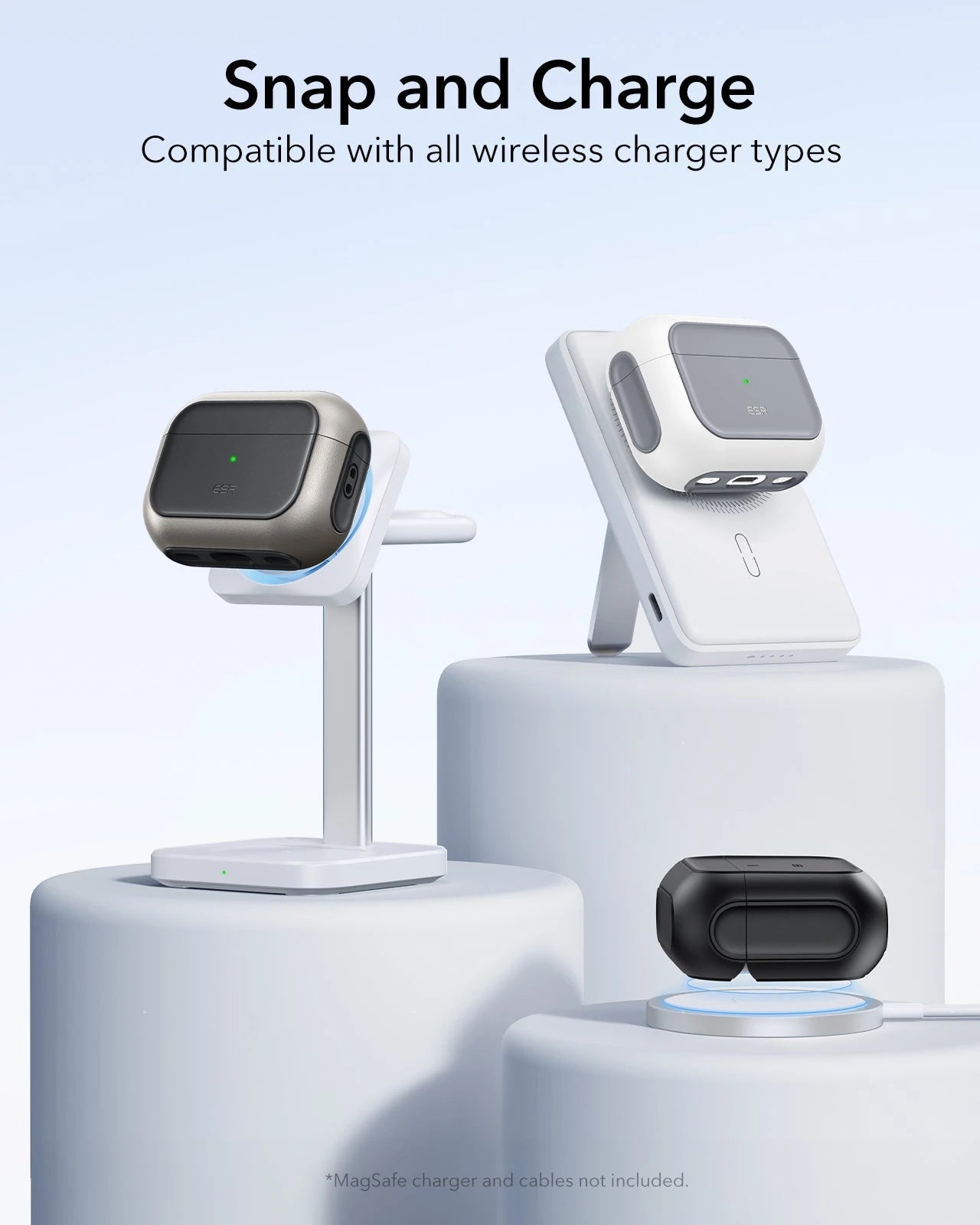 15W 3-in-1 Wireless Charging Station with CryoBoost (HaloLock) and AirPods Pro 3 Orbit Hybrid Case Bundle - Black - US Plug ESR ESR