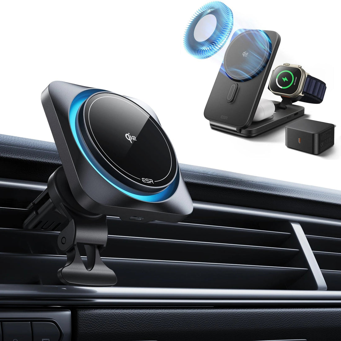 15W CryoBoost Car Charger and 25W Foldable 3-in-1 Charger Bundle - EU Plug–Black