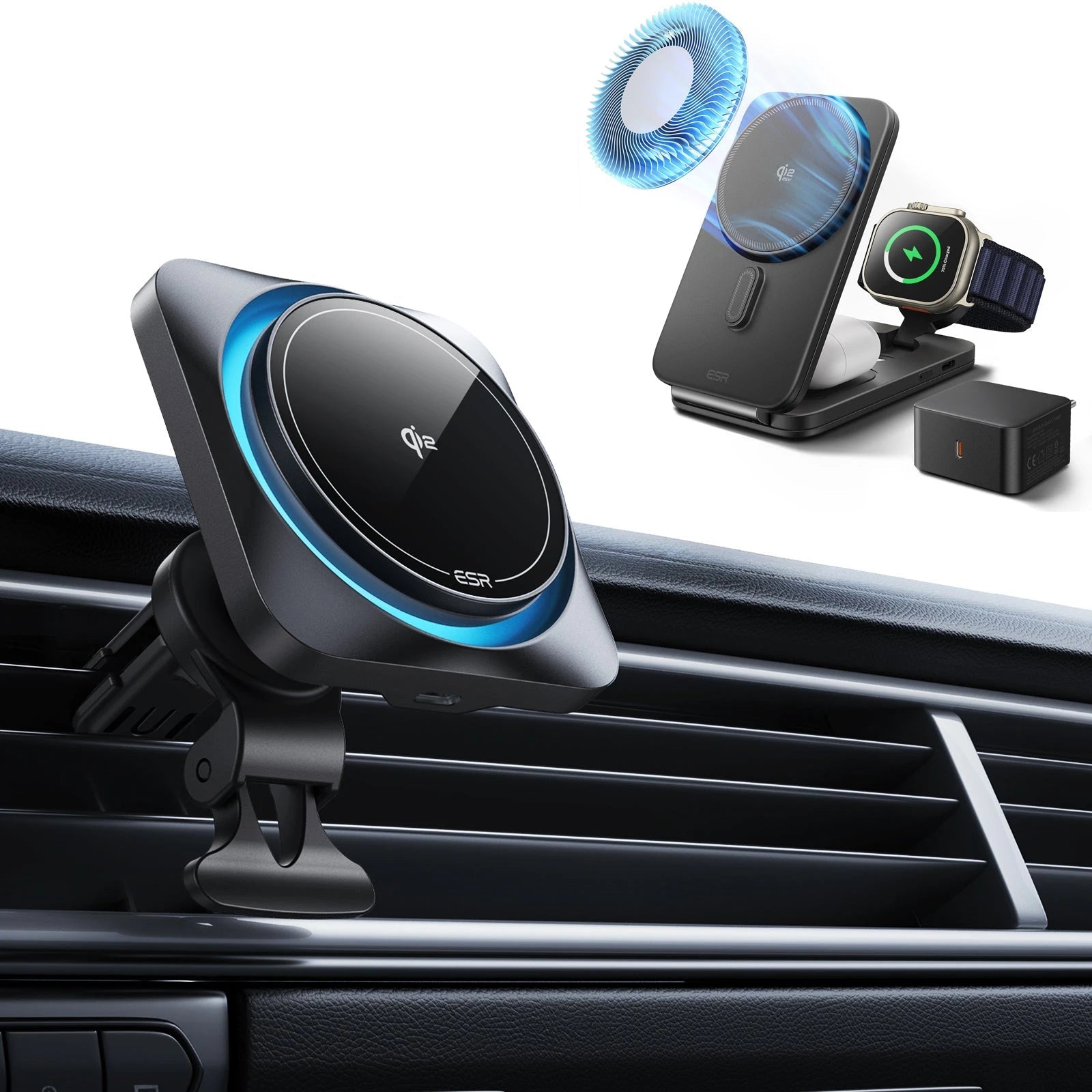 15W CryoBoost Car Charger and 25W Foldable 3-in-1 Charger Bundle - EU Plug–Black