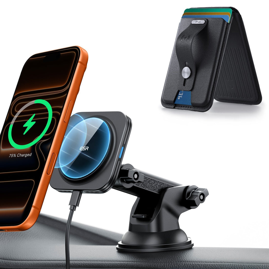 15W Dashboard Wireless Car Charger and Geo Wallet Stand Bundle-Black