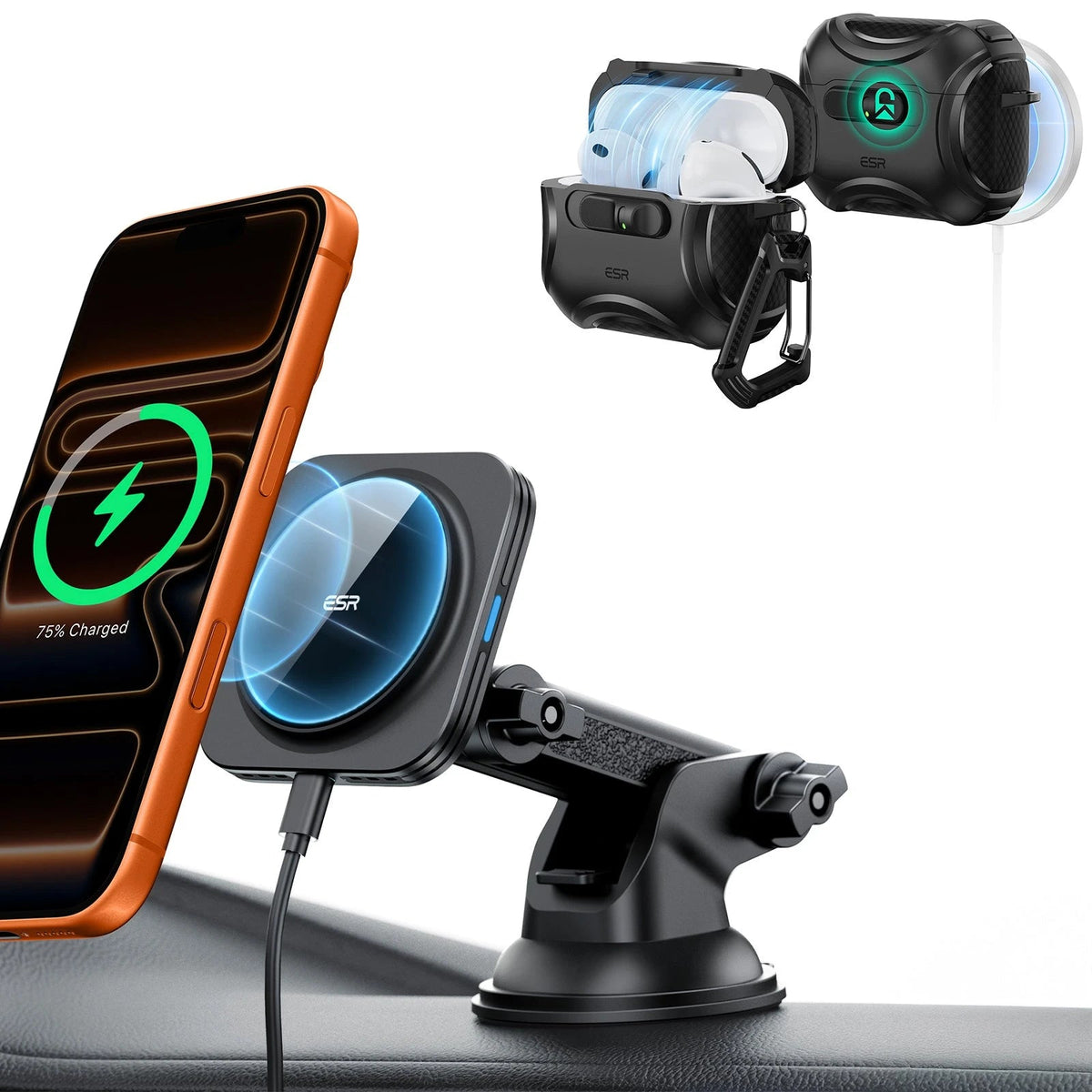 15W Dashboard Wireless Car Charger and AirPods Pro 3 FlickLock Case Bundle-Black