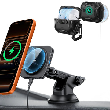 15W Dashboard Wireless Car Charger and AirPods Pro 3 FlickLock Case Bundle-Black