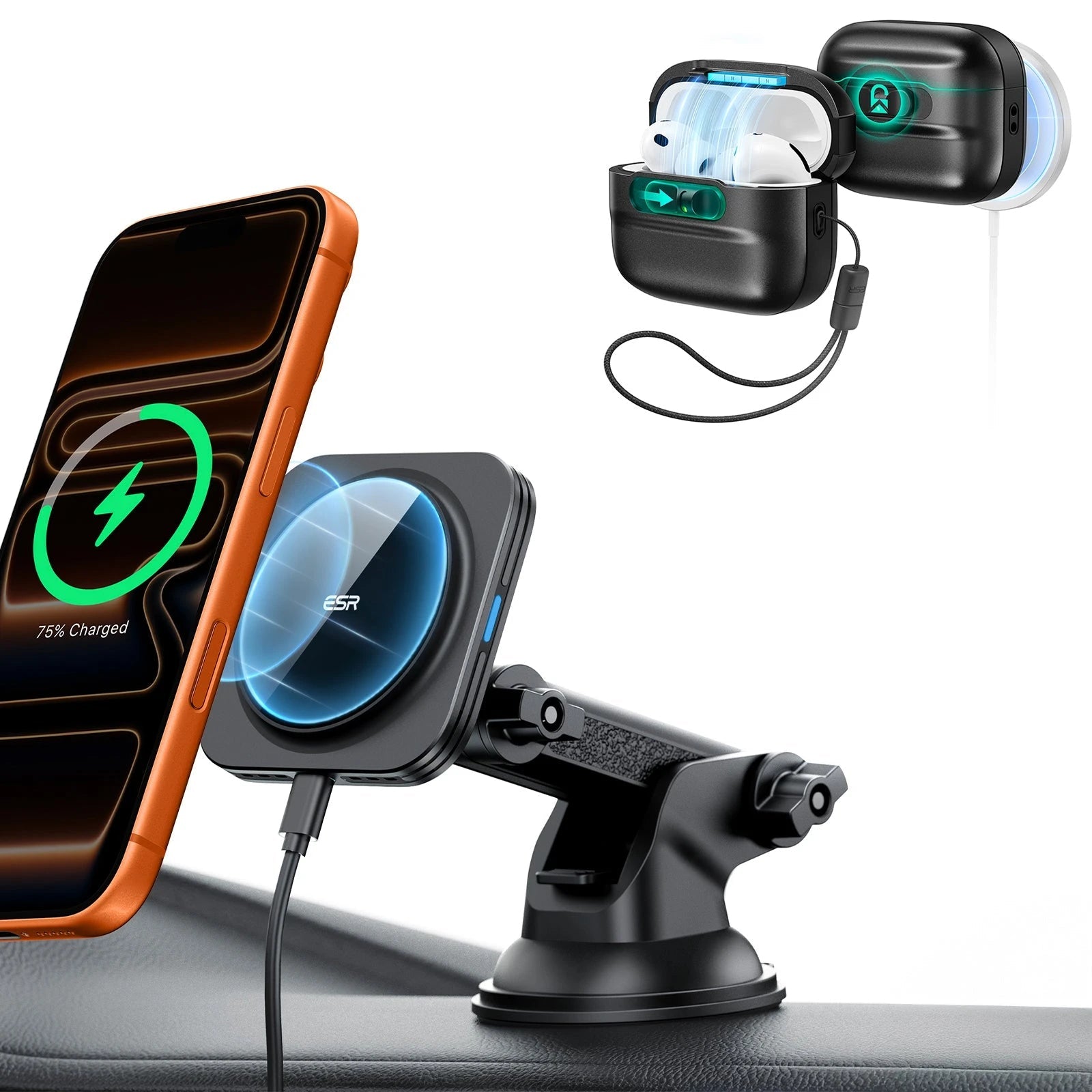 15W Dashboard Wireless Car Charger and AirPods Pro 3 Pulse FlickLock Case Bundle-Black