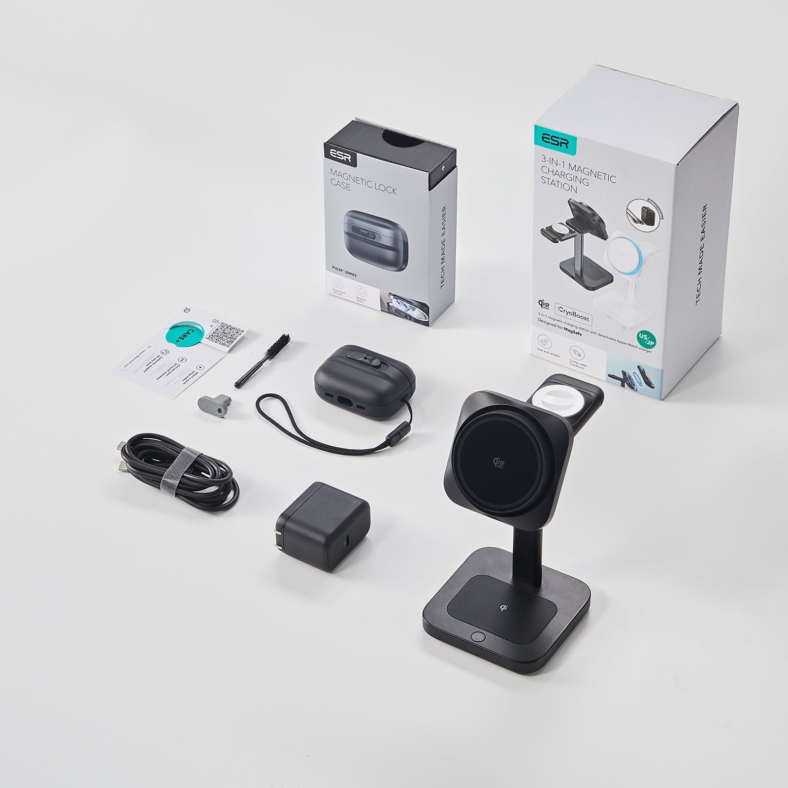 25W CryoBoost 3-in-1 Magnetic Charger (Qi2) and AirPods Pro 3 Pulse FlickLock Case Bundle - US Plug–Black