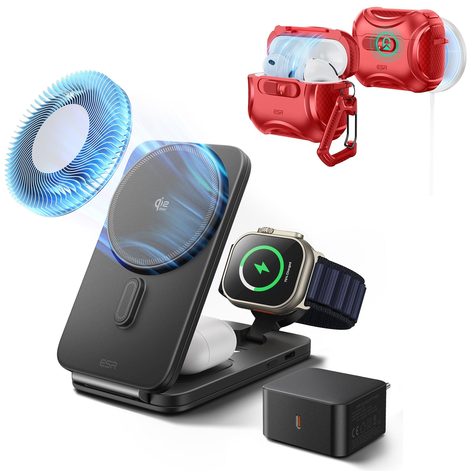 25W CryoBoost Foldable 3-in-1 Magnetic Charger and AirPods Pro 3 Cyber FlickLock Case Bundle– EU Plug-Black&Dard Red
