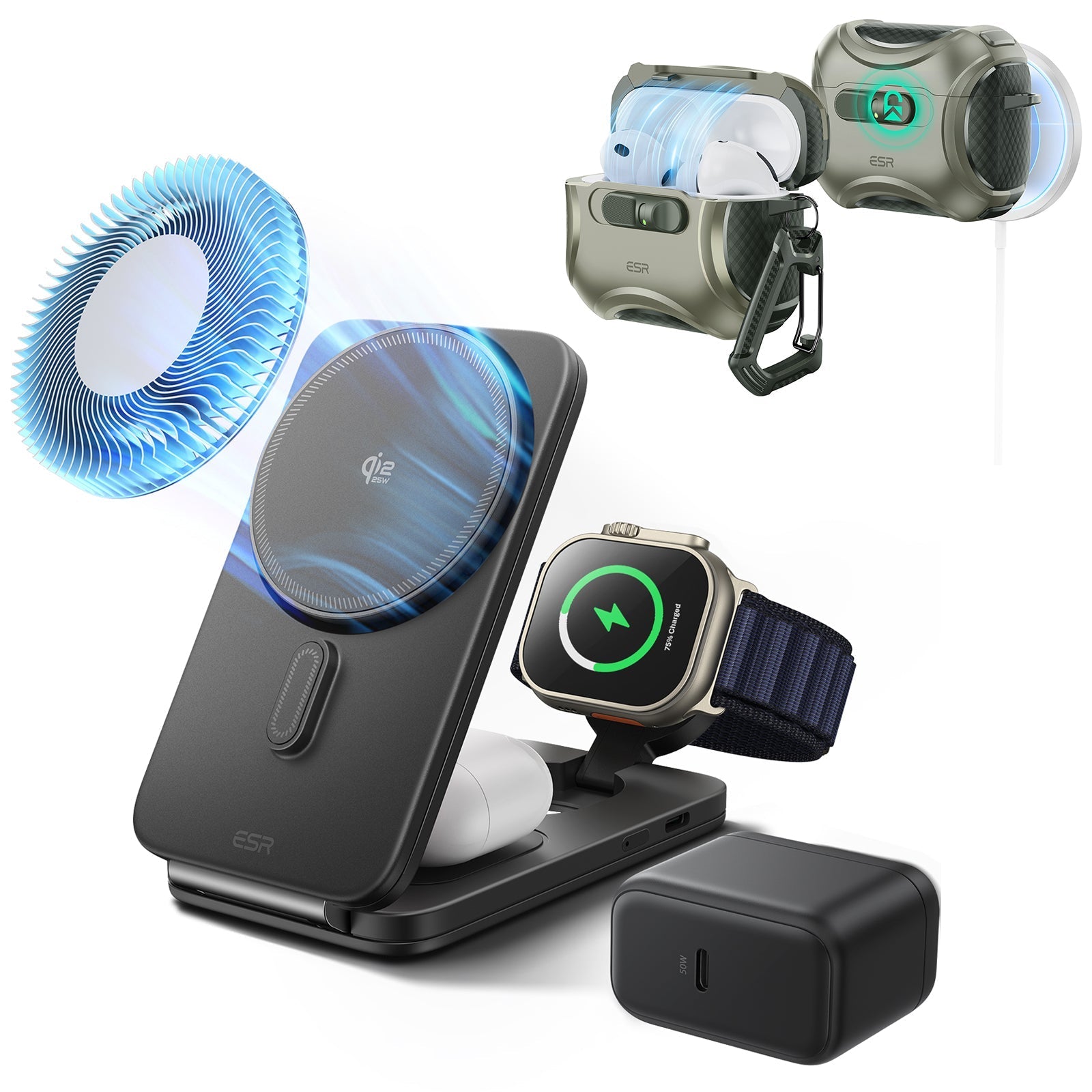 25W CryoBoost Foldable 3-in-1 Magnetic Charger and AirPods Pro 3 Cyber FlickLock Case Bundle– US Plug-Black&Army Green