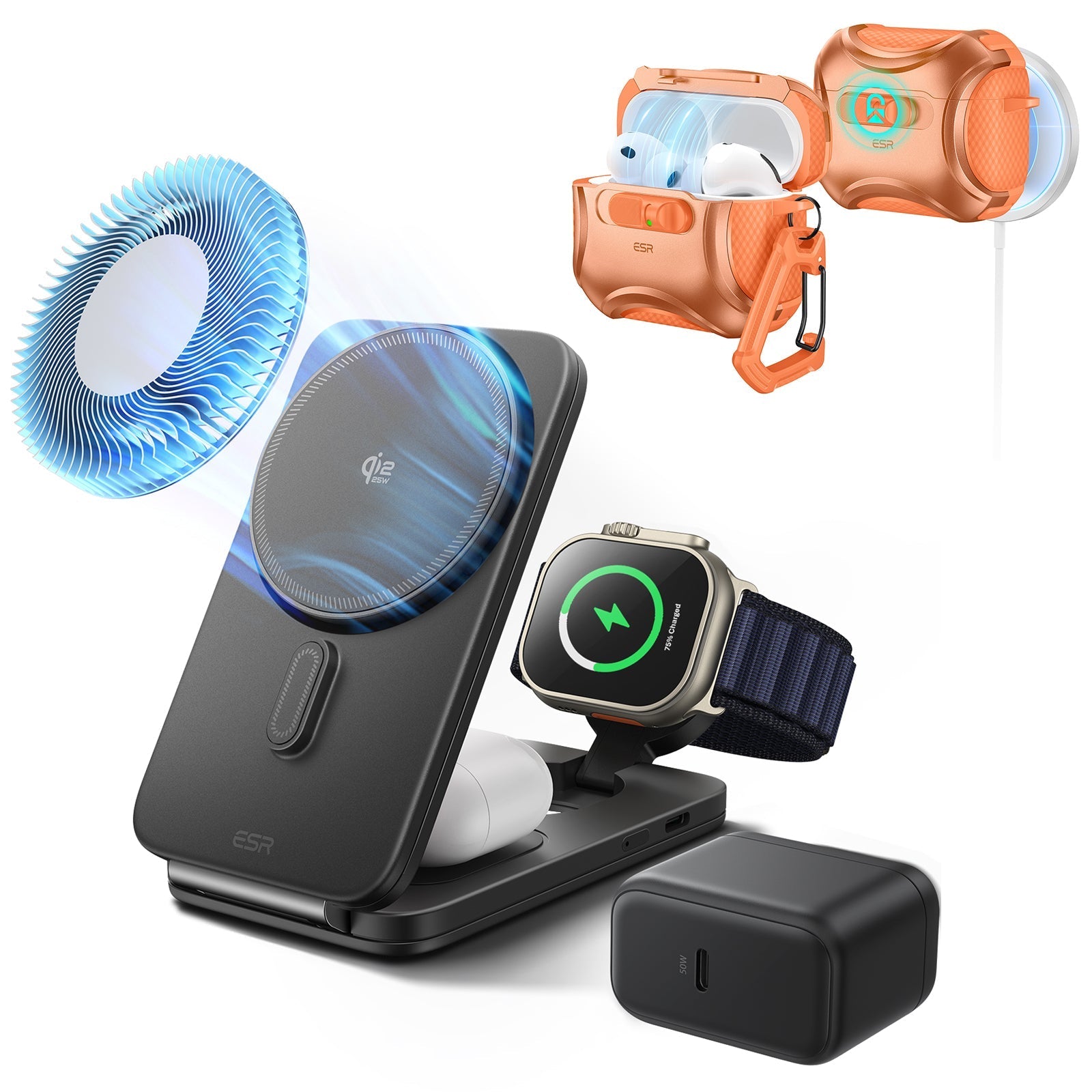 25W CryoBoost Foldable 3-in-1 Magnetic Charger and AirPods Pro 3 Cyber FlickLock Case Bundle– US Plug-Black&Orange