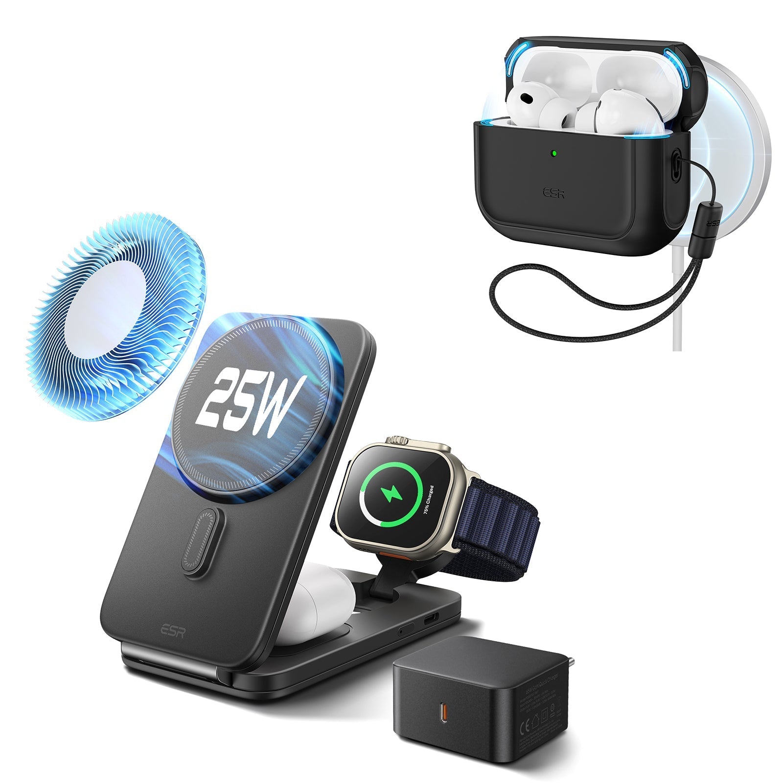 25W CryoBoost Foldable 3-in-1 Magnetic Charger and AirPods Pro 3 Orbit Hybrid Case Bundle – EU Plug-Black ESR ESR