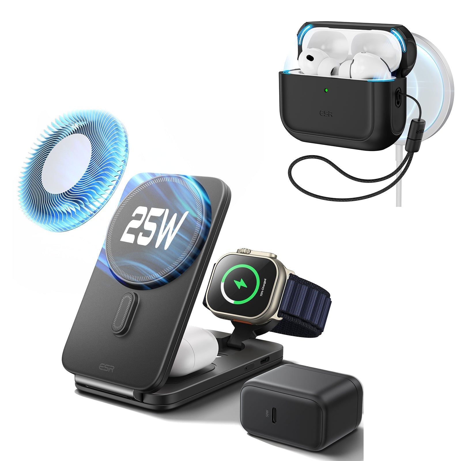 25W CryoBoost Foldable 3-in-1 Magnetic Charger and AirPods Pro 3 Orbit Hybrid Case Bundle – US Plug-Black ESR ESR