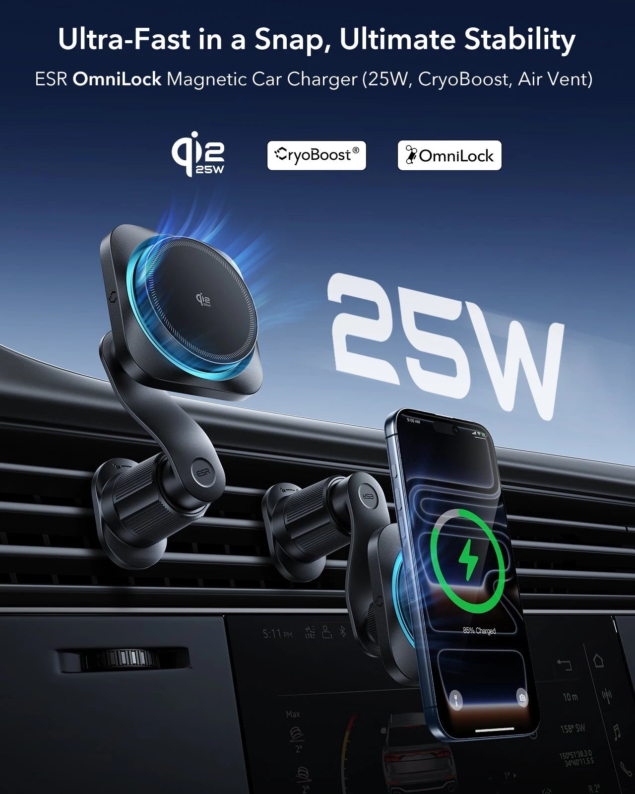 25W CryoBoost Foldable 3-in-1 Magnetic Charger and Car Charger (Air Vent)  Bundle– EU Plug-Black ESR ESR