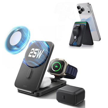 25W CryoBoost Foldable 3-in-1 Magnetic Charger and Wallet Stand Bundle - US Plug-Black