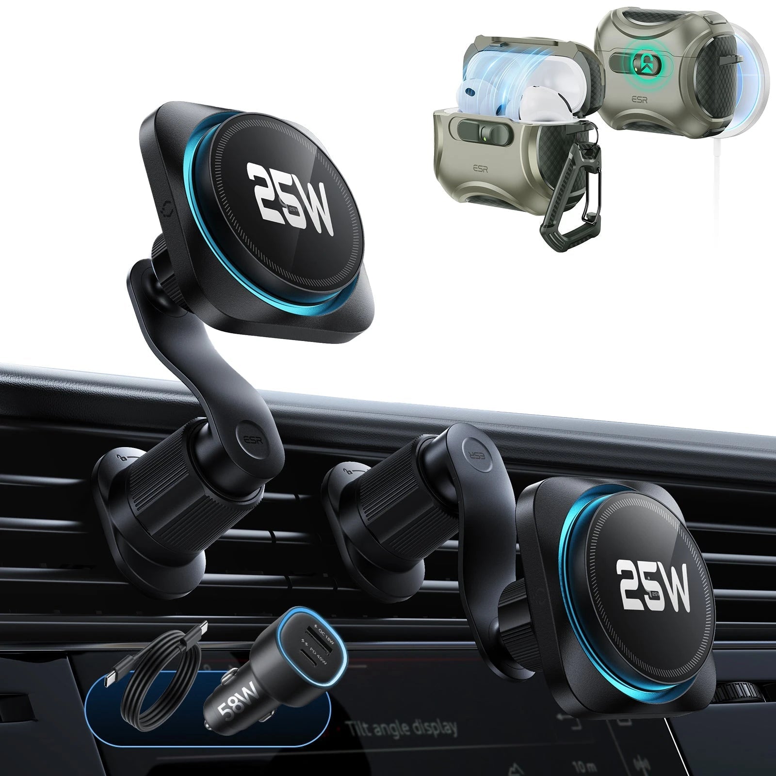 25W CryoBoost Magnetic Car Charger and AirPods Pro 3 FlickLock Case Bundle - Black&Army Green