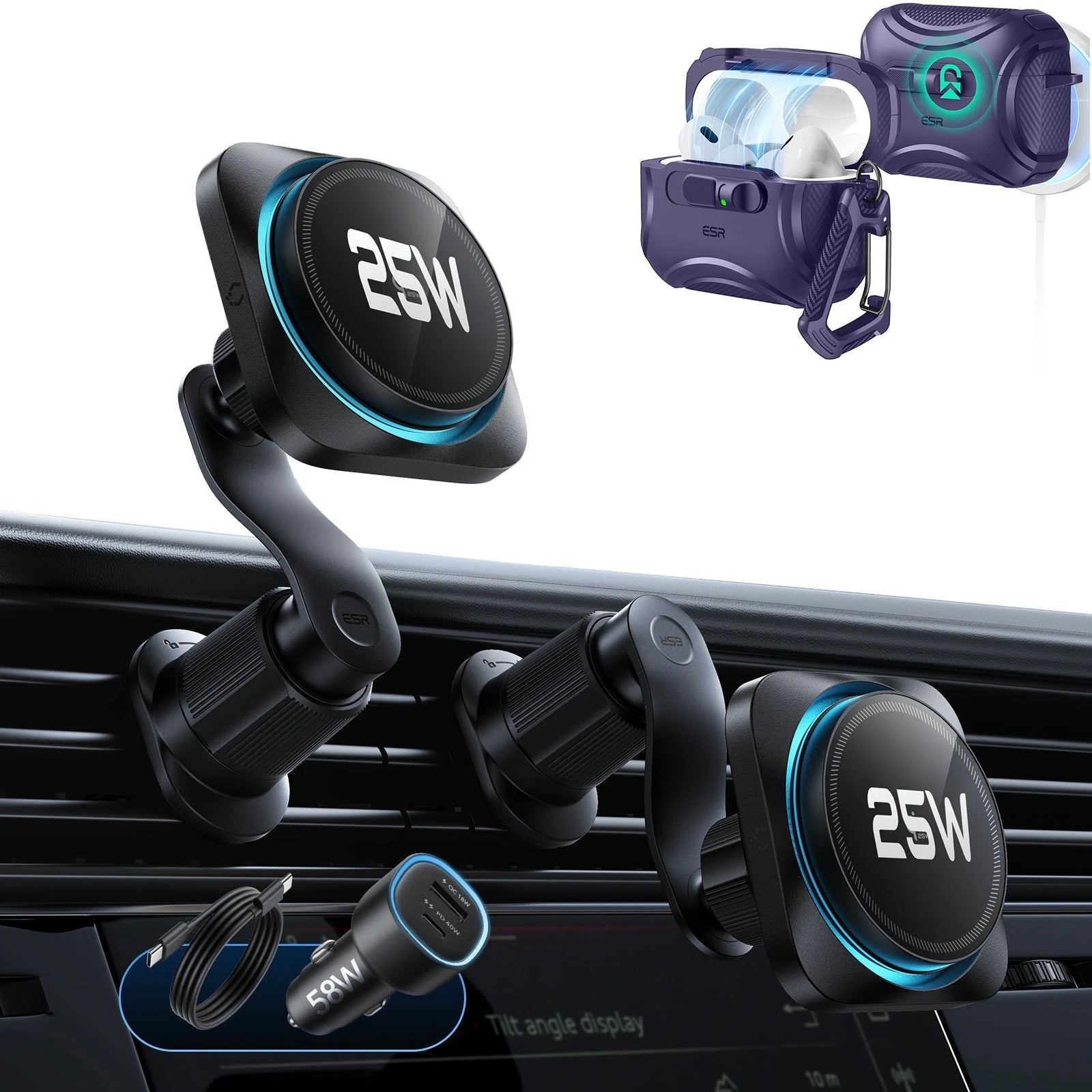 25W CryoBoost Magnetic Car Charger and AirPods Pro 3 FlickLock Case Bundle - Black&Purple