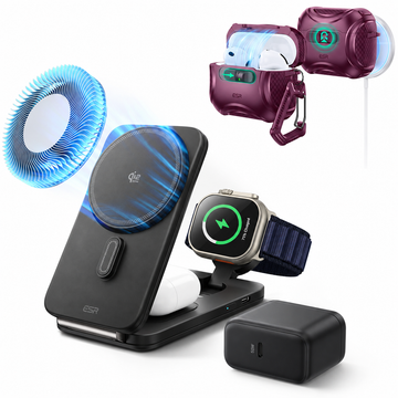 25W CryoBoost Foldable 3-in-1 Magnetic Charger and AirPods Pro 3 Cyber FlickLock Case Bundle– US Plug-Black&Deep Burgundy