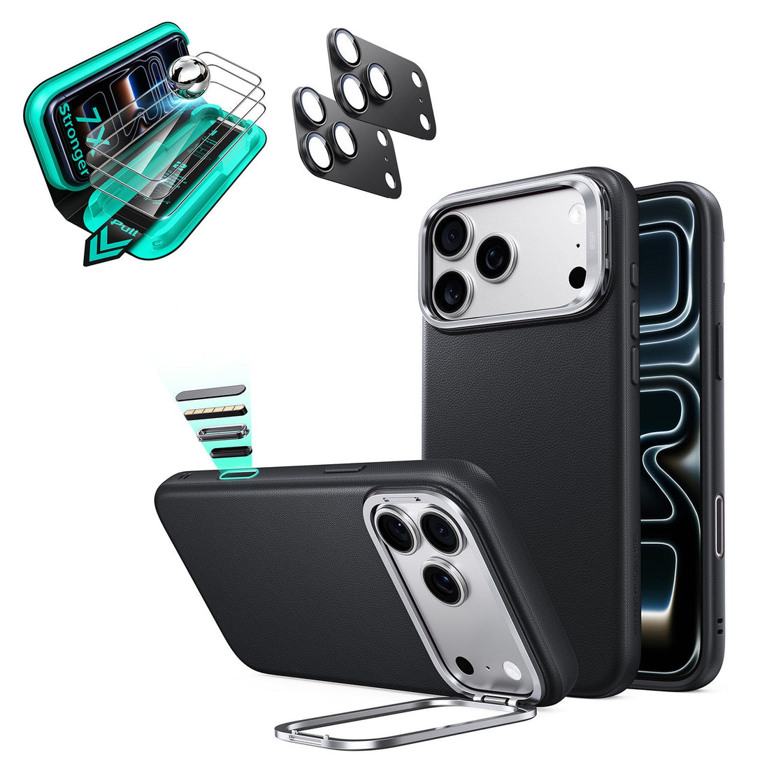 Black Vegan Leather iPhone 18 Pro Magsafe Phone Case with Stand pair tempered glass screen protector and camera lens protector