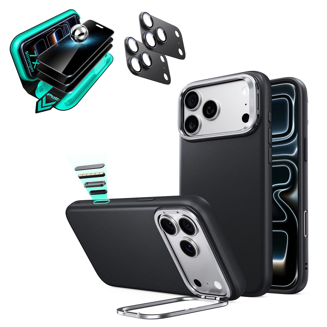 Black Vegan Leather iPhone 18 Pro Max Magsafe Phone Case with Stand pair tempered glass privacy screen protector and camera lens protector