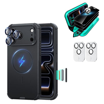 Black iPhone 18 Pro Cyber Tough Magsafe Case  with armorite tempered glass privacy screen protector and camera lens protector