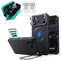 Black iPhone 18 Pro Cyebr Tough Magsafe Phone Case with Stand pair tempered glass privacy screen protector and camera lens protector