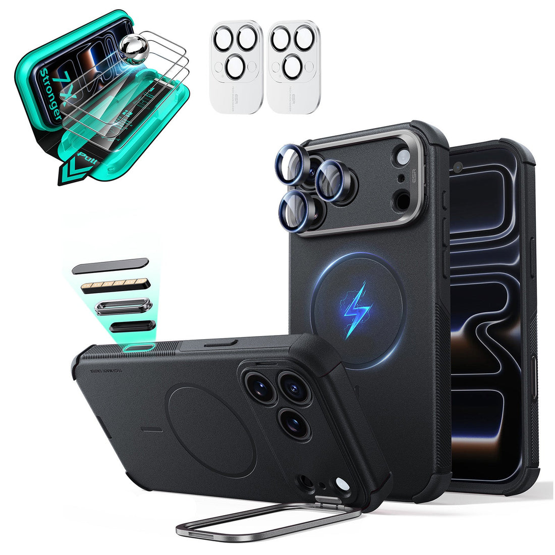 Black iPhone 18 Pro Cyebr Tough Magsafe Phone Case with Stand pair tempered glass screen protector and camera lens protector