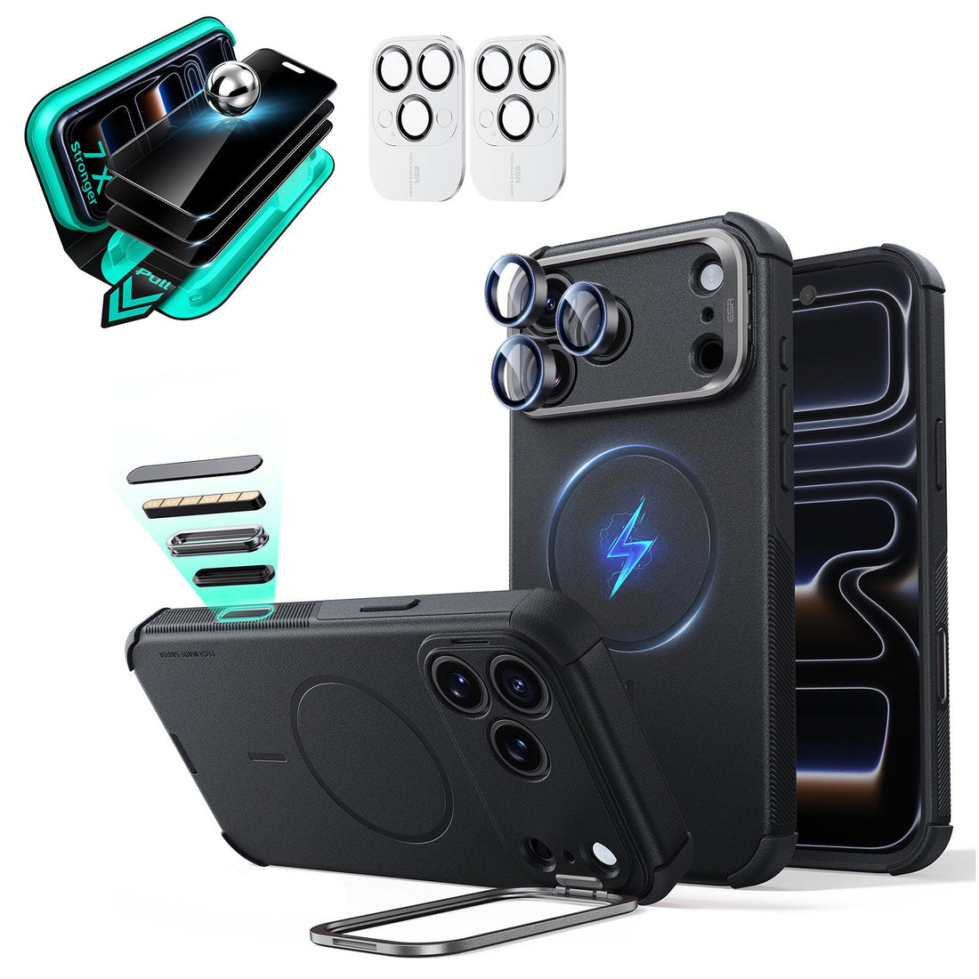 Black iPhone 18 Pro Max Cyebr Tough Magsafe Phone Case with Stand pair tempered glass privacy screen protector and camera lens protector