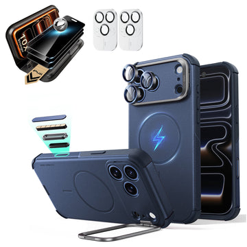 Blue iPhone 18 Pro Cyebr Tough Magsafe Phone Case with Stand pair corning glass privacy screen protector and camera lens protector