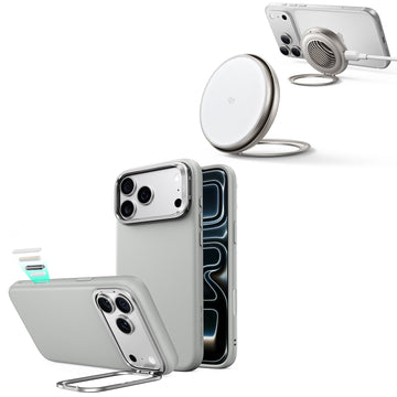 iPhone 18 Pro Atelier Vegan Leather Magnetic Case with Camera Control and Flex Stand, Plus Cyclone 25W Magnetic Charging Pad Bundle - Gray