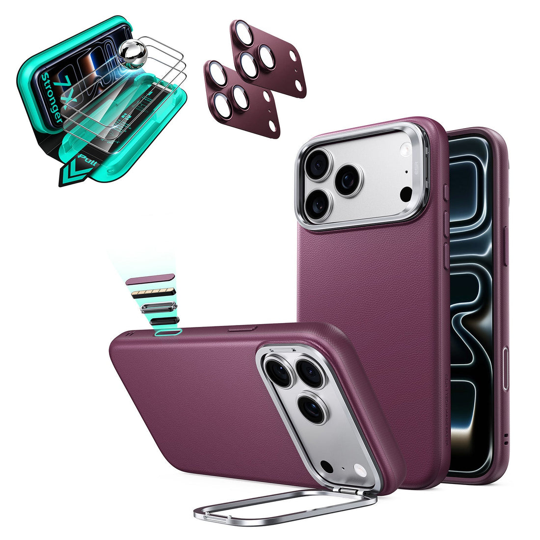 Burgundy Vegan Leather iPhone 18 Pro Magsafe Phone Case with Stand pair tempered glass screen protector and camera lens protector