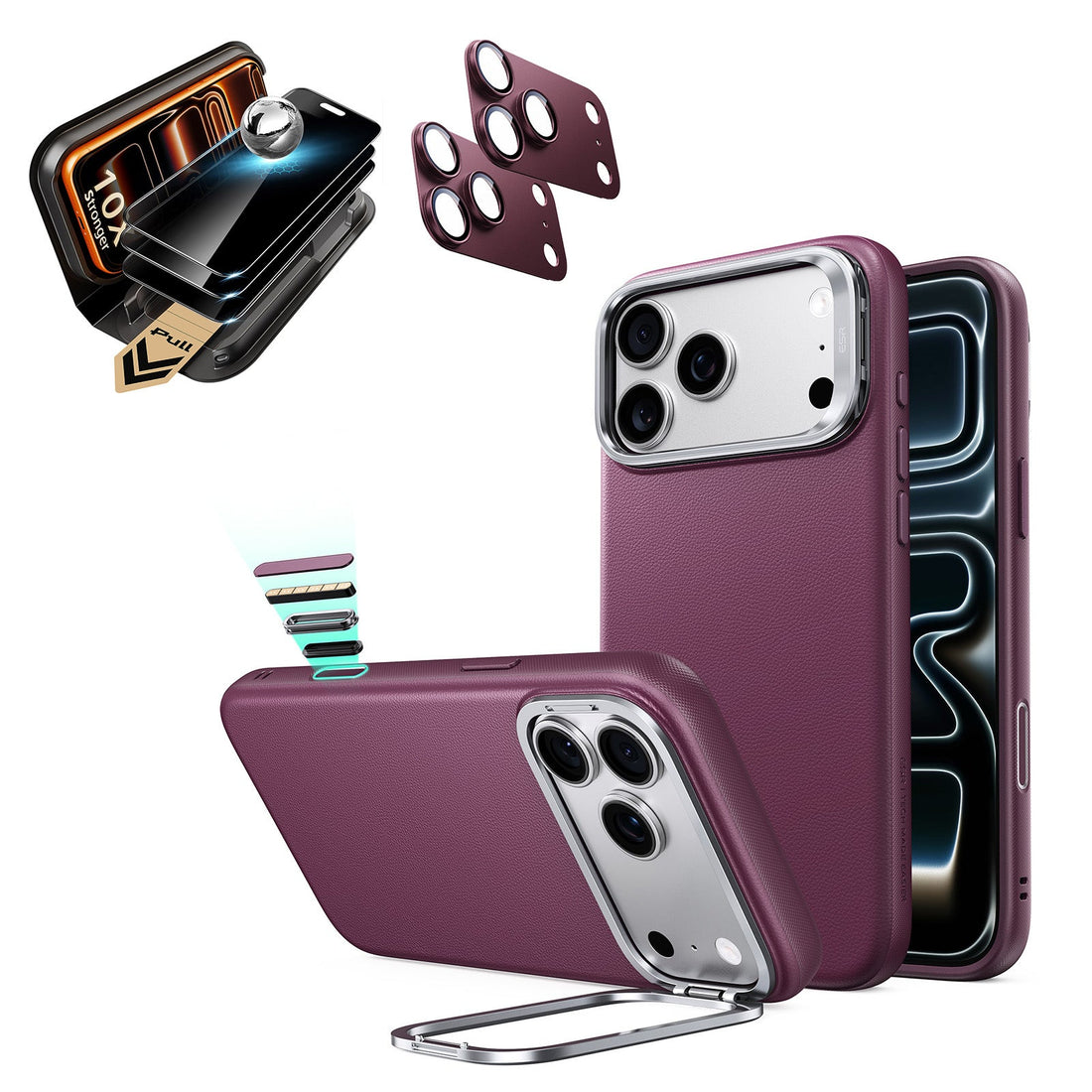 Deep Burgundy Vegan Leather iPhone 18 Pro Max Magsafe Phone Case with Stand pair corning glass privacy screen protector and camera lens protector