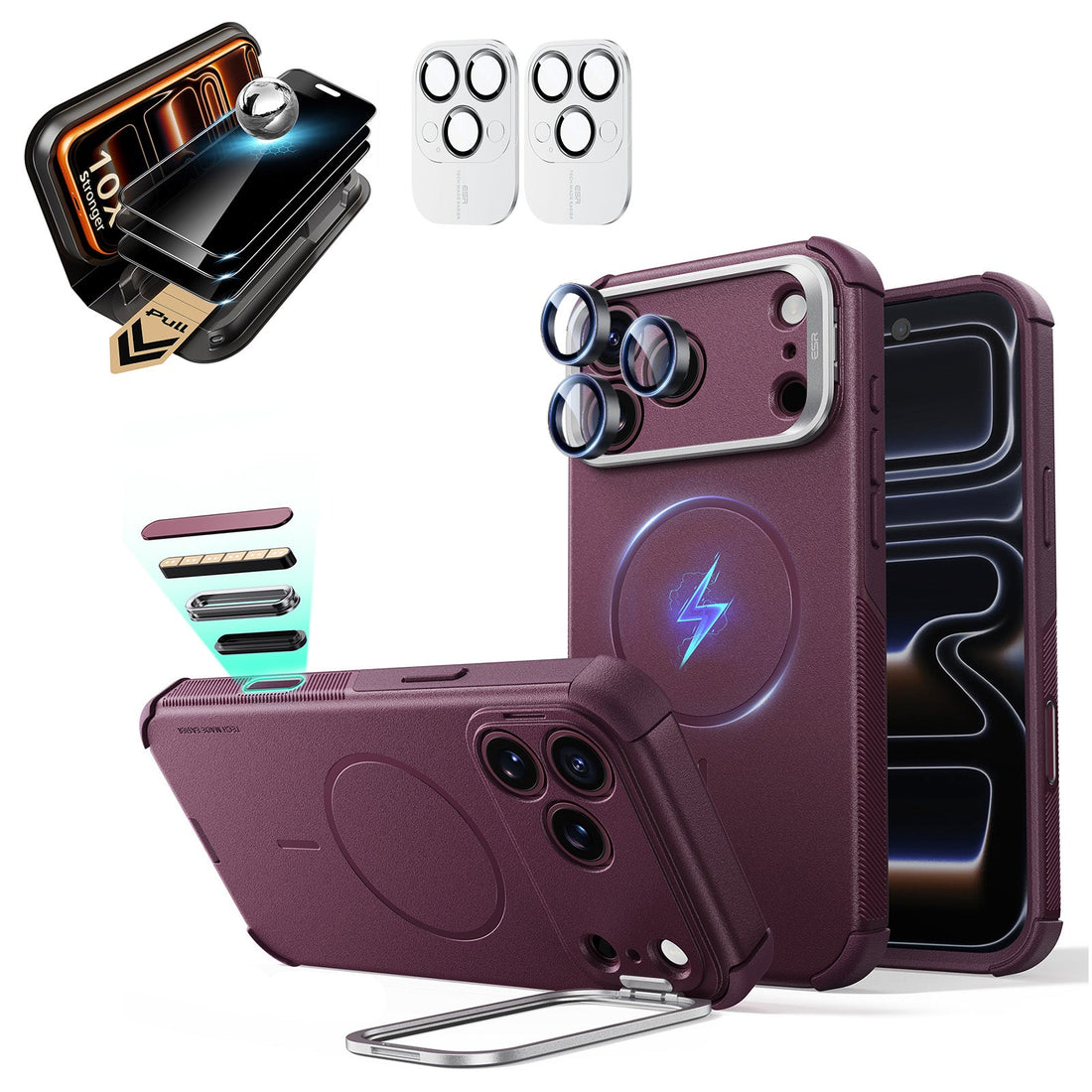 Burgundy iPhone 18 Pro Cyebr Tough Magsafe Phone Case with Stand pair corning glass privacy screen protector and camera lens protector