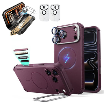 Burgundy iPhone 18 Pro Max Cyebr Tough Magsafe Phone Case with Stand pair corning glass  screen protector and camera lens protector