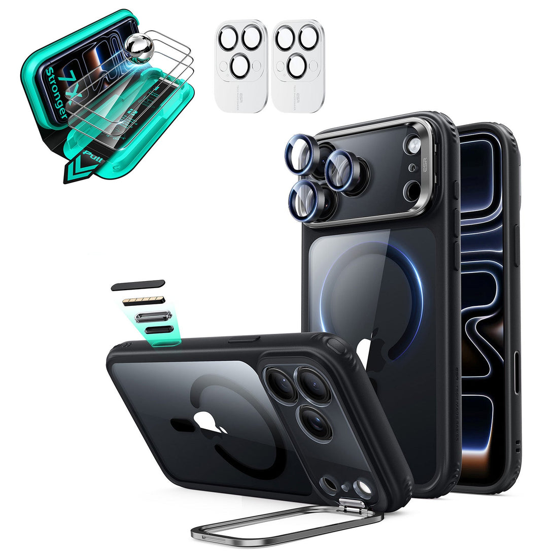 Clear Black iPhone 18 Pro Magsafe Slim Phone Case with Stand pair tempered glass screen protector and camera lens protector