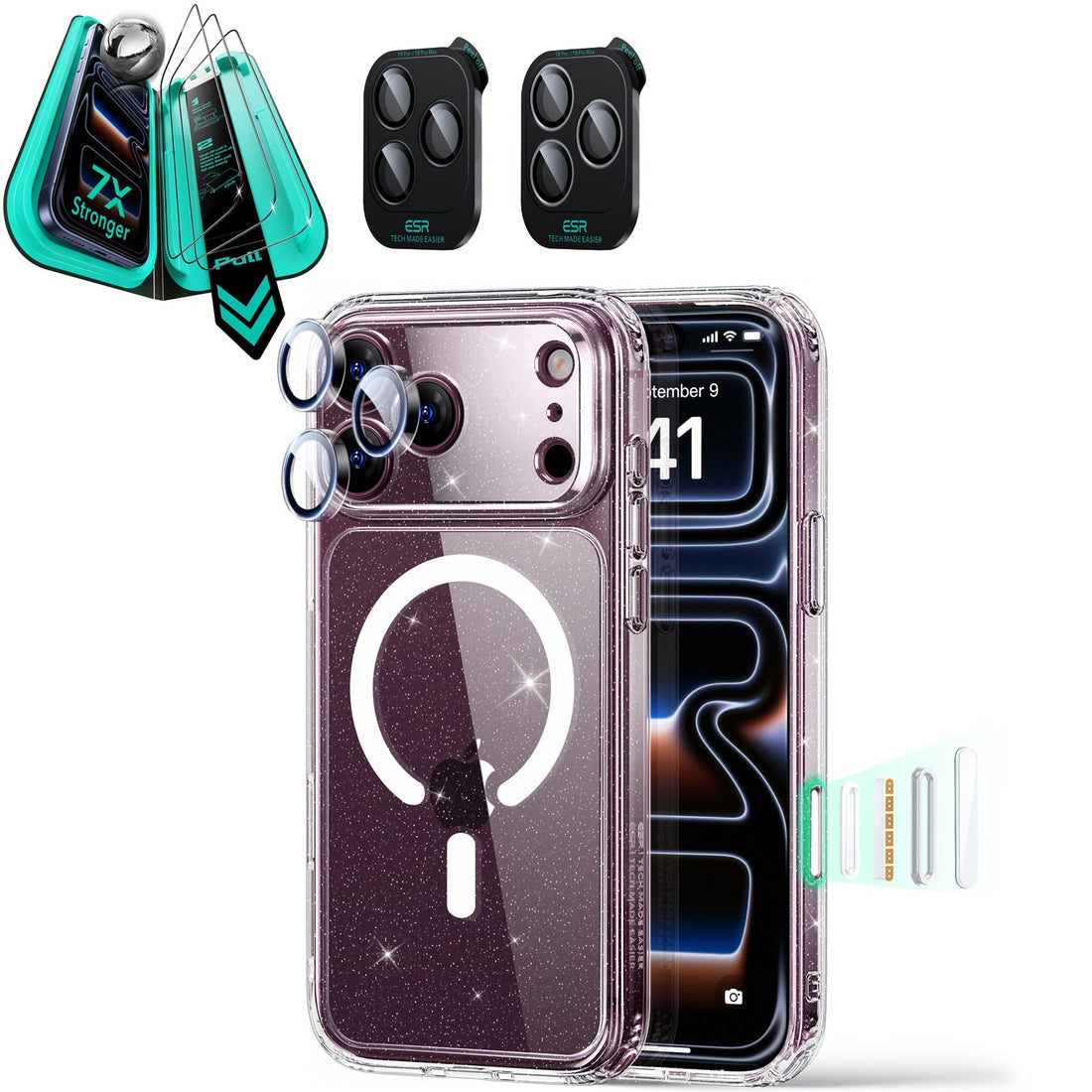 Clear Shimmer iPhone 18 Pro Max Magsafe Slim Phone Case with armorite tempered glass screen protector and camera lens protector