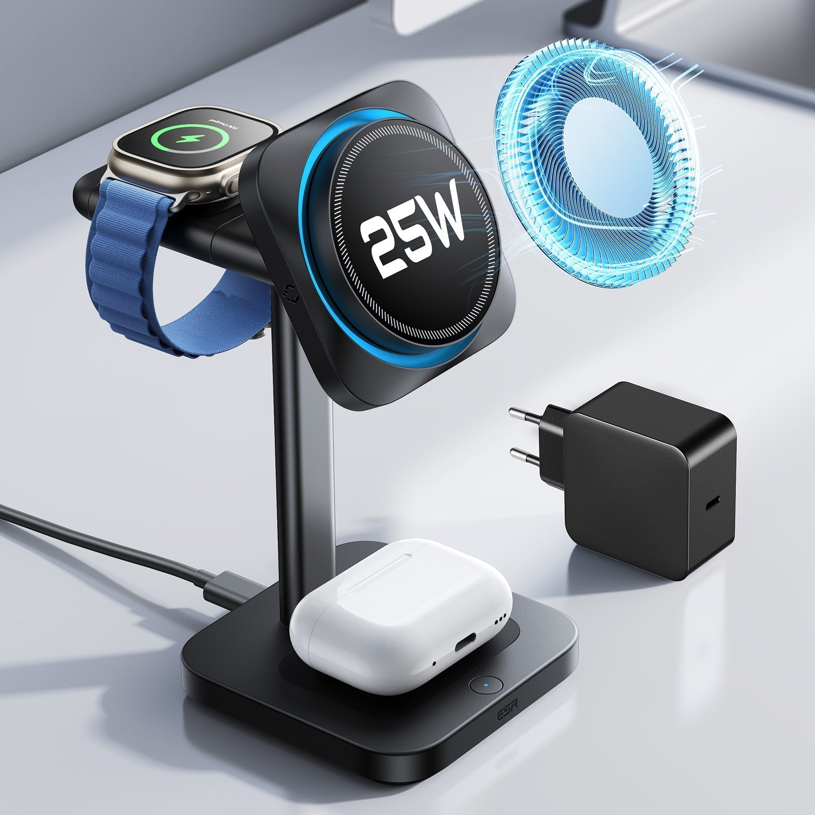CryoBoost 3-in-1 Magnetic Charging Station (25W, Qi2.2)  - EU Plug–Black ESR ESR