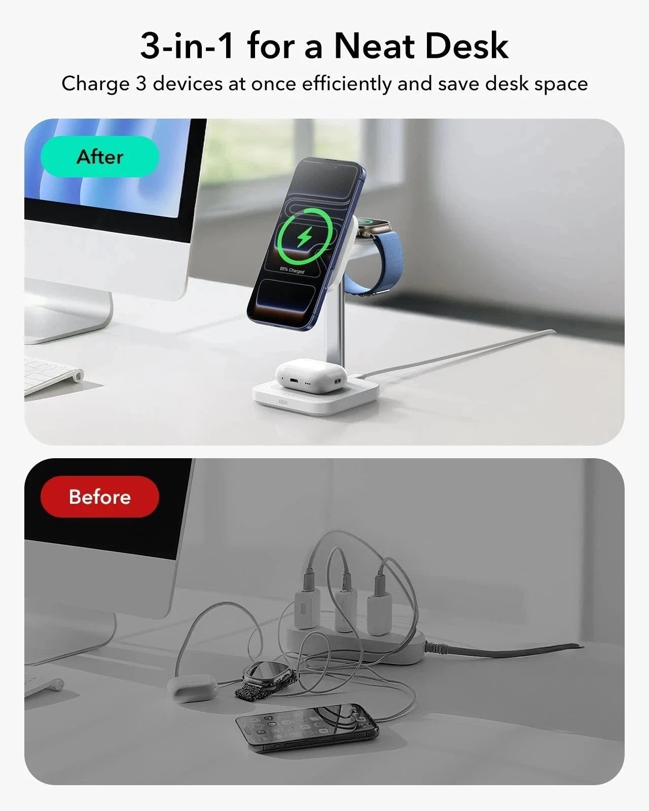 CryoBoost 3-in-1 Magnetic Charging Station (25W, Qi2.2)  - JP Plug–White ESR ESR