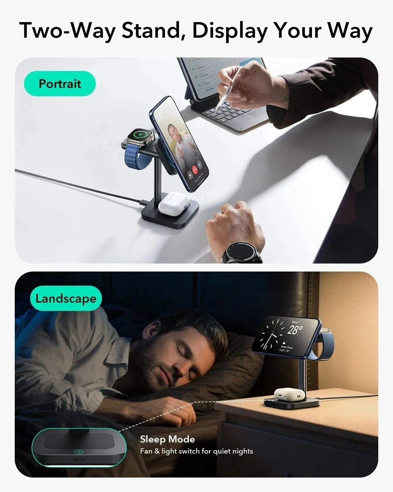 CryoBoost 3-in-1 Magnetic Charging Station (25W, Qi2.2)  - US Plug–Black ESR ESR