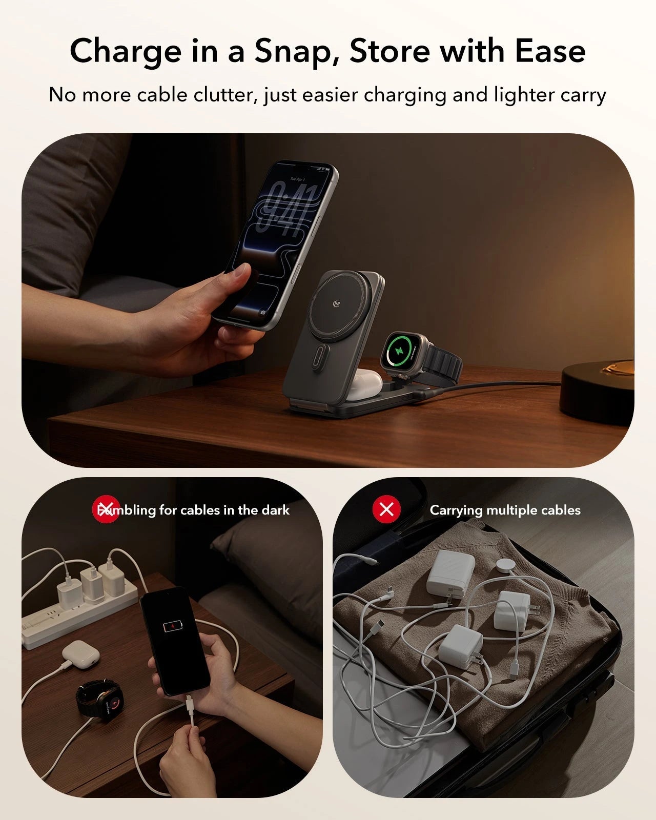 CryoBoost Foldable 3-in-1 Magnetic Charging Station  (25W) – US Plug-Black ESR ESR