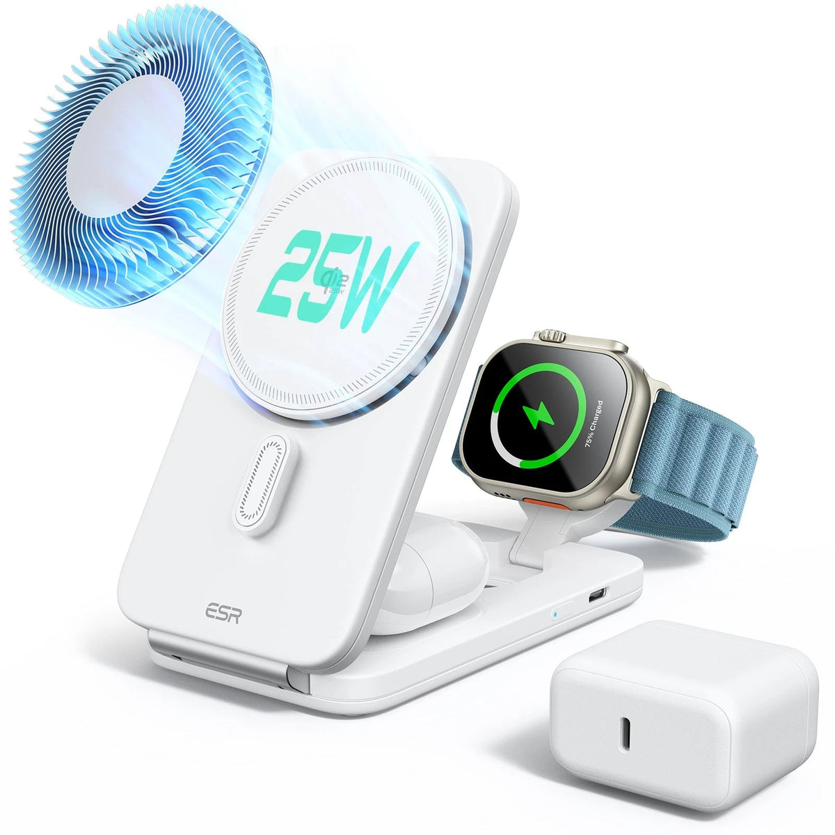 ESR CryoBoost Foldable 3-in-1 Magnetic Charging Station (25W) – US Plug-White
