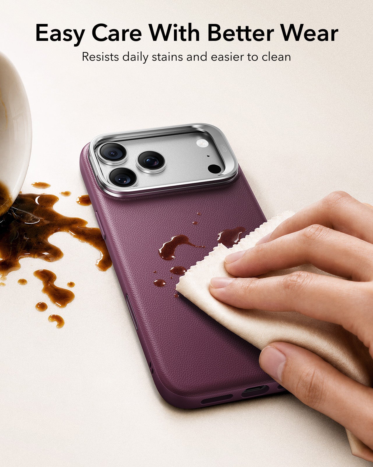 ESR Deep Burgundy Leather iPhone 17 Pro Max Magsafe Case with Stand Easy Care With Better Wear
