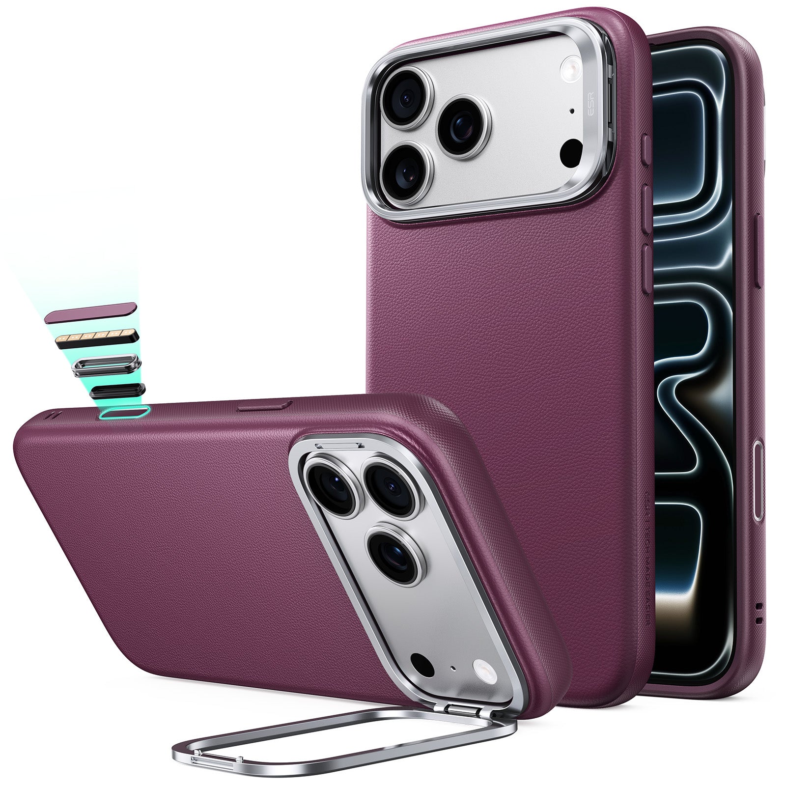 ESR Deep Burgundy Leather iPhone 18 Pro Magsafe Case with Stand
