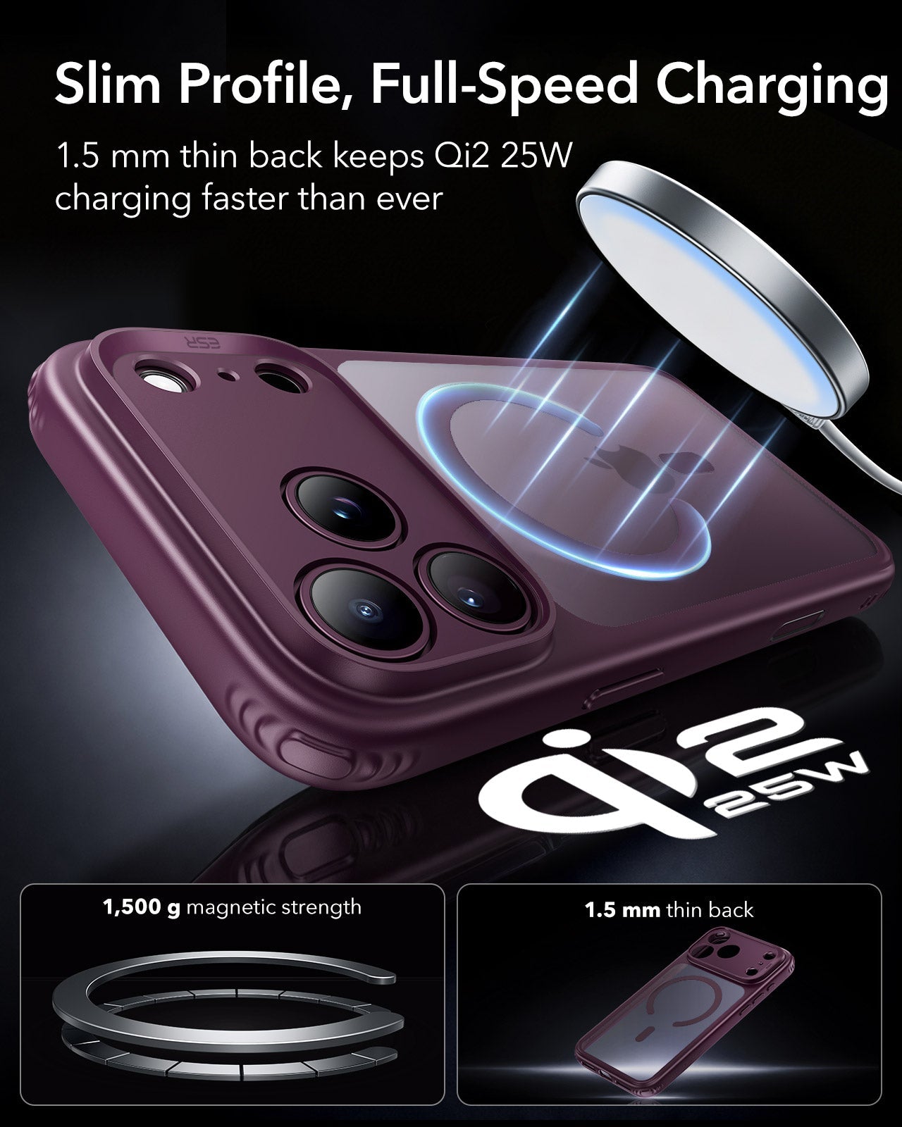 ESR Frosted Deep Burgundy iPhone 18 Pro Magsafe Slim Phone Case Slim Profile, Full-Speed Charging